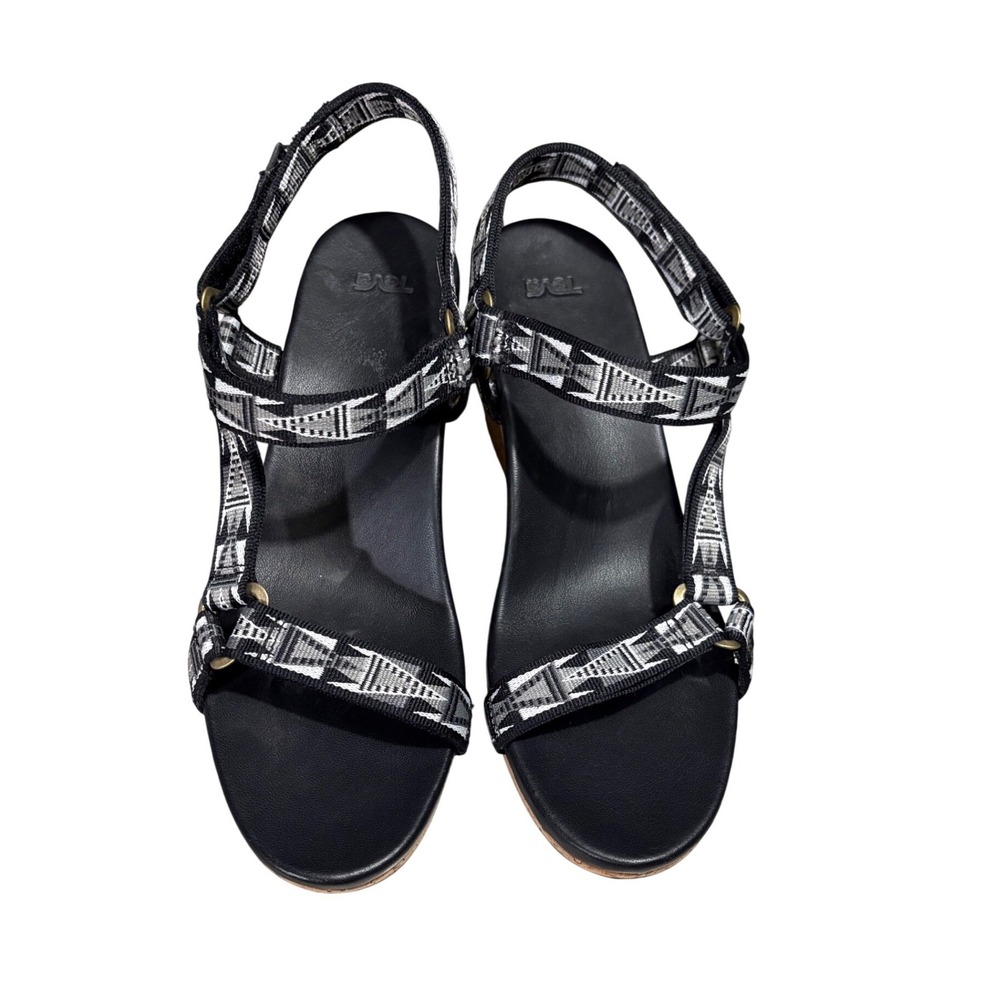 Teva Zirra Wedge Sandals Women 8 Black White Cork Geometric Strappy EUC - Picture 2 of 6
